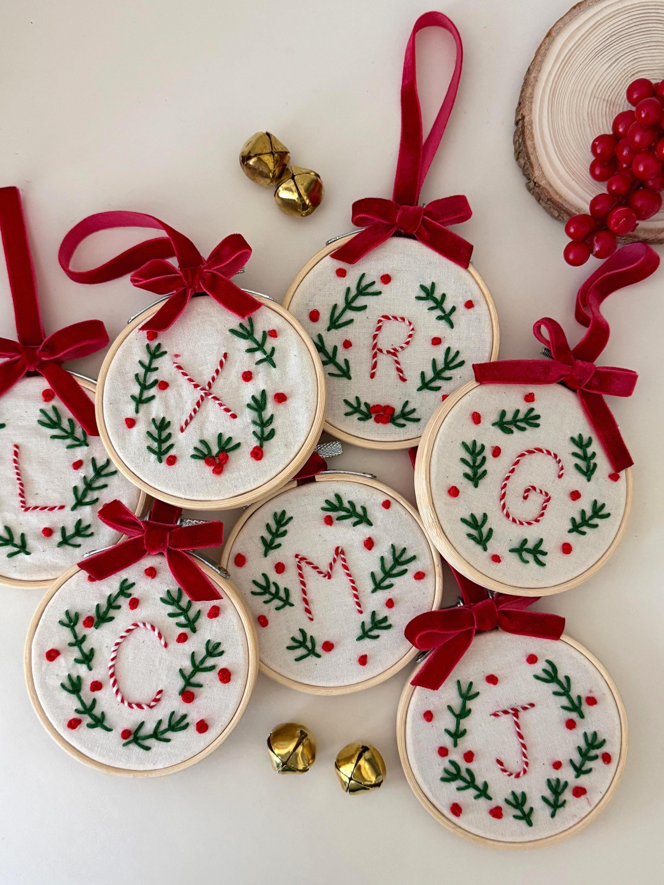 Personalized Embroidered Letters | Christmas Tree Decoration | Gift Ideas | Handmade Embroidery |  Embroidery Hoop | Velvet Ribbon