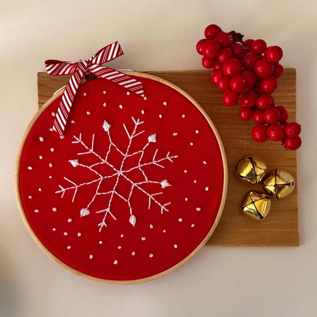 Handmade snowflake embroidery hoop winter wall decor - image 1