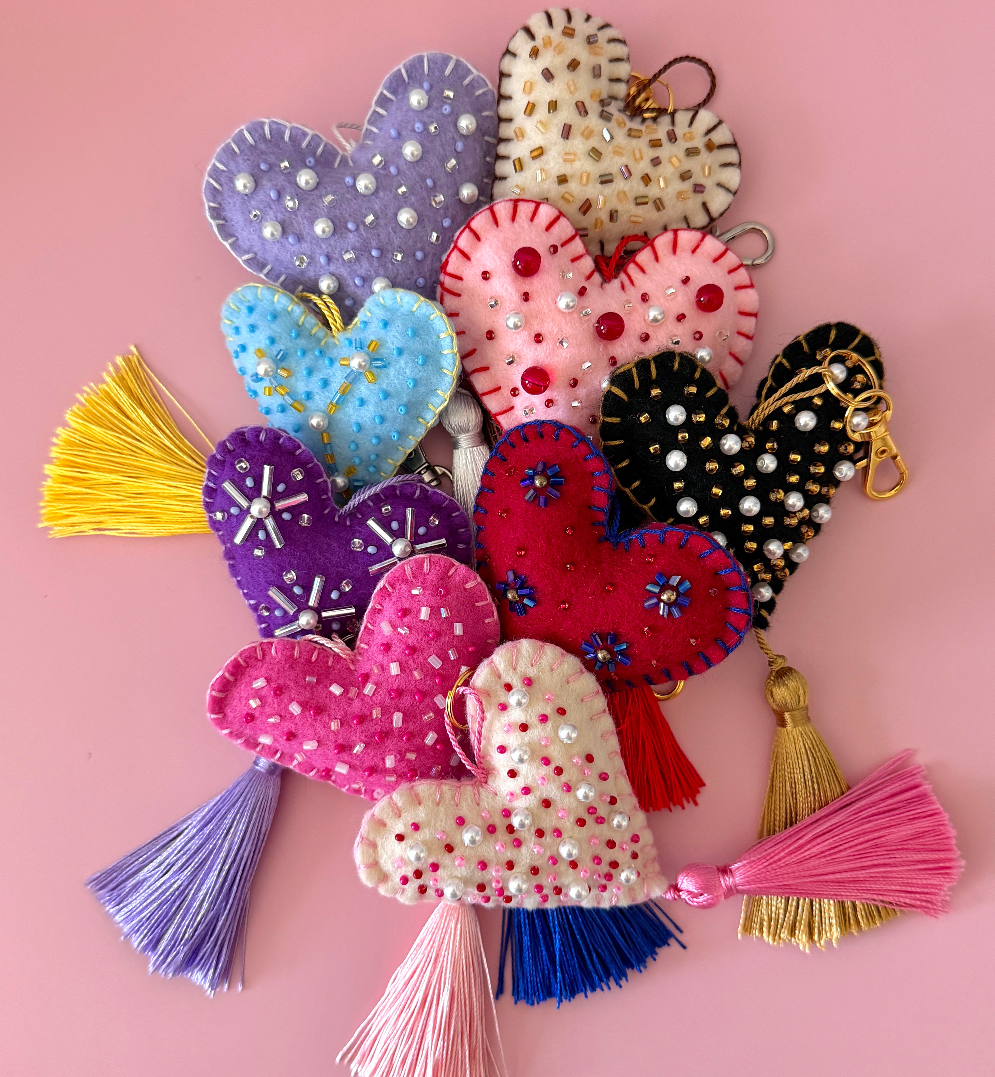 Heart-shaped Embroidered Keychain | Bag Charm | Beaded Accessory