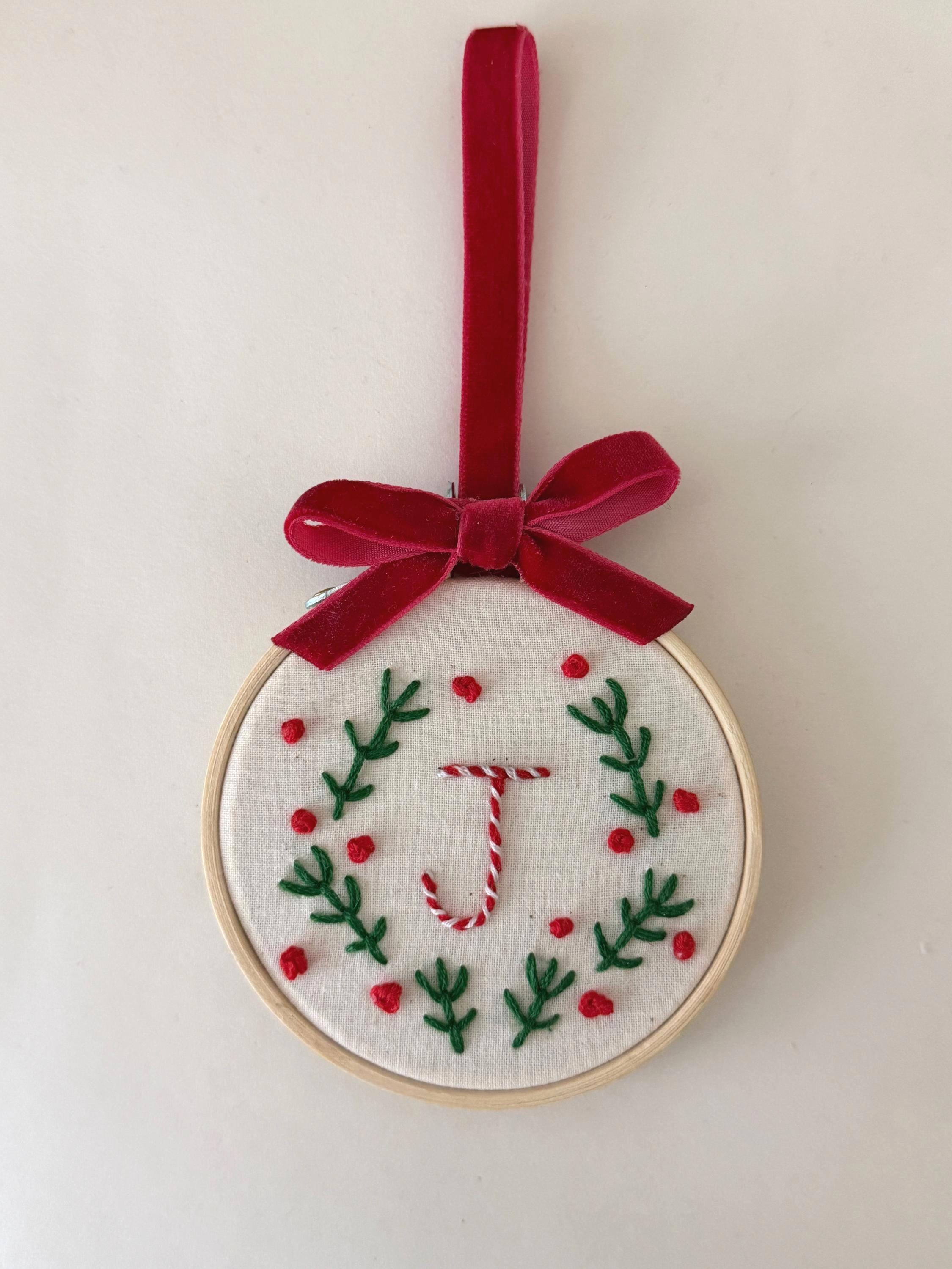 Personalized Embroidered Letters | Christmas Tree Decoration | Gift Ideas | Handmade Embroidery |  Embroidery Hoop | Velvet Ribbon