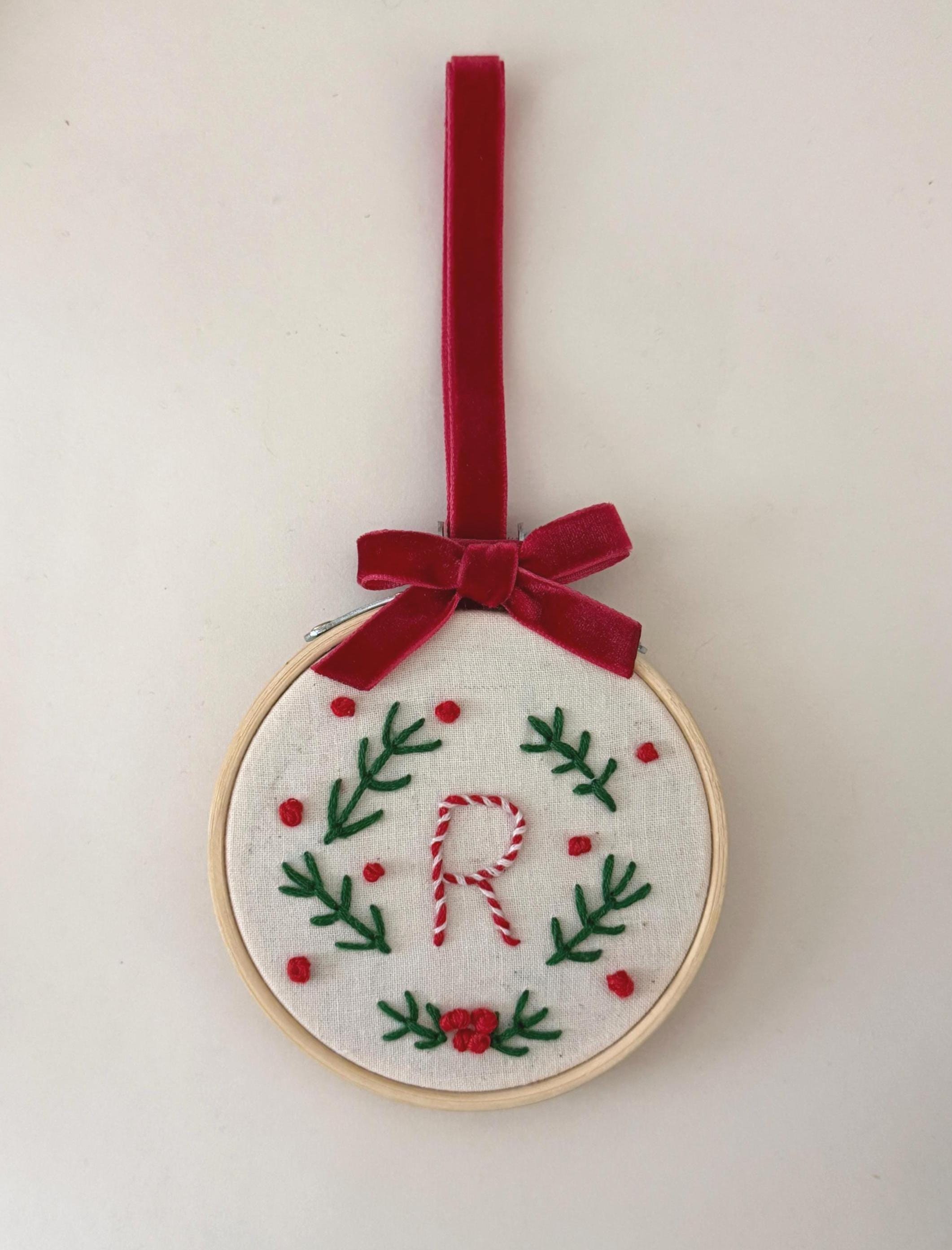 Personalized Embroidered Letters | Christmas Tree Decoration | Gift Ideas | Handmade Embroidery |  Embroidery Hoop | Velvet Ribbon